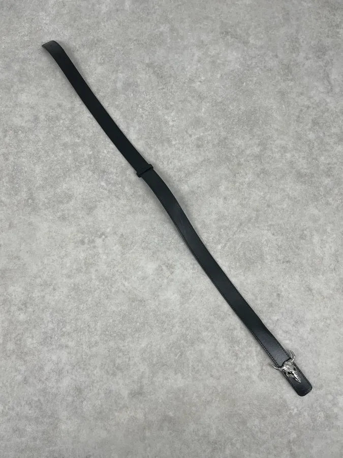 2000s Christian Lacroix Pave Bull Skull Buckle Black Leather Belt mZixYAs 7