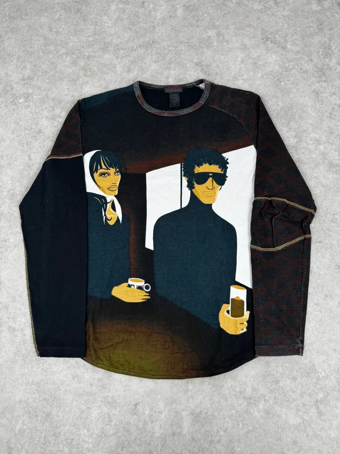 2000s Custo Barcelona Black Couple Bar Print Longsleeve T-Shirt tedgKgk 0