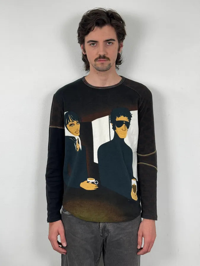 2000s Custo Barcelona Black Couple Bar Print Longsleeve T-Shirt tedgKgk 1