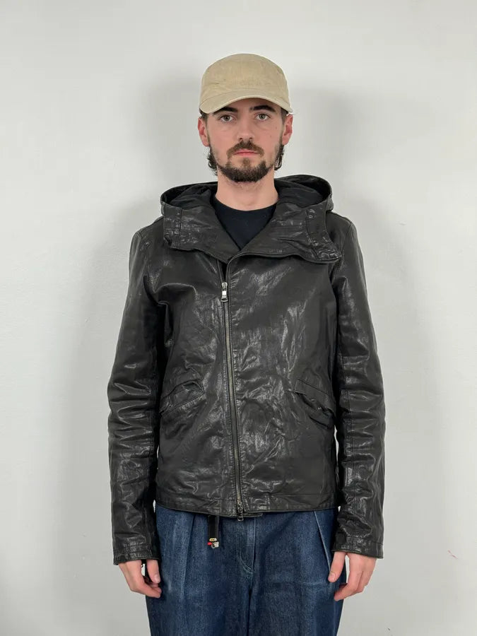 2000s Daniele Alessandrini Avant-Garde Black Leather Hooded Jacket DLIGSUI 1