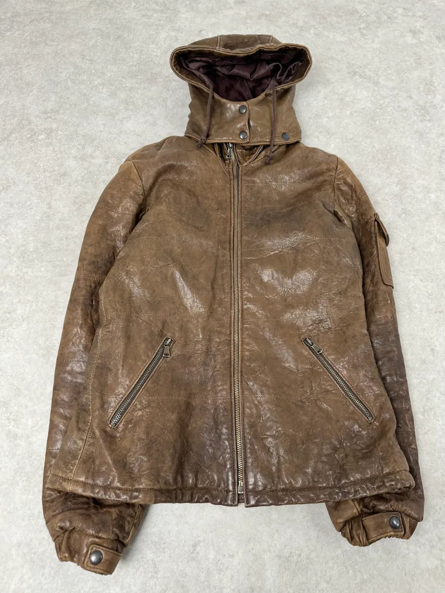 2000s Daniele Alessandrini Avant-Garde Raw Brown Leather Hooded Jacket HUGoqtw 0