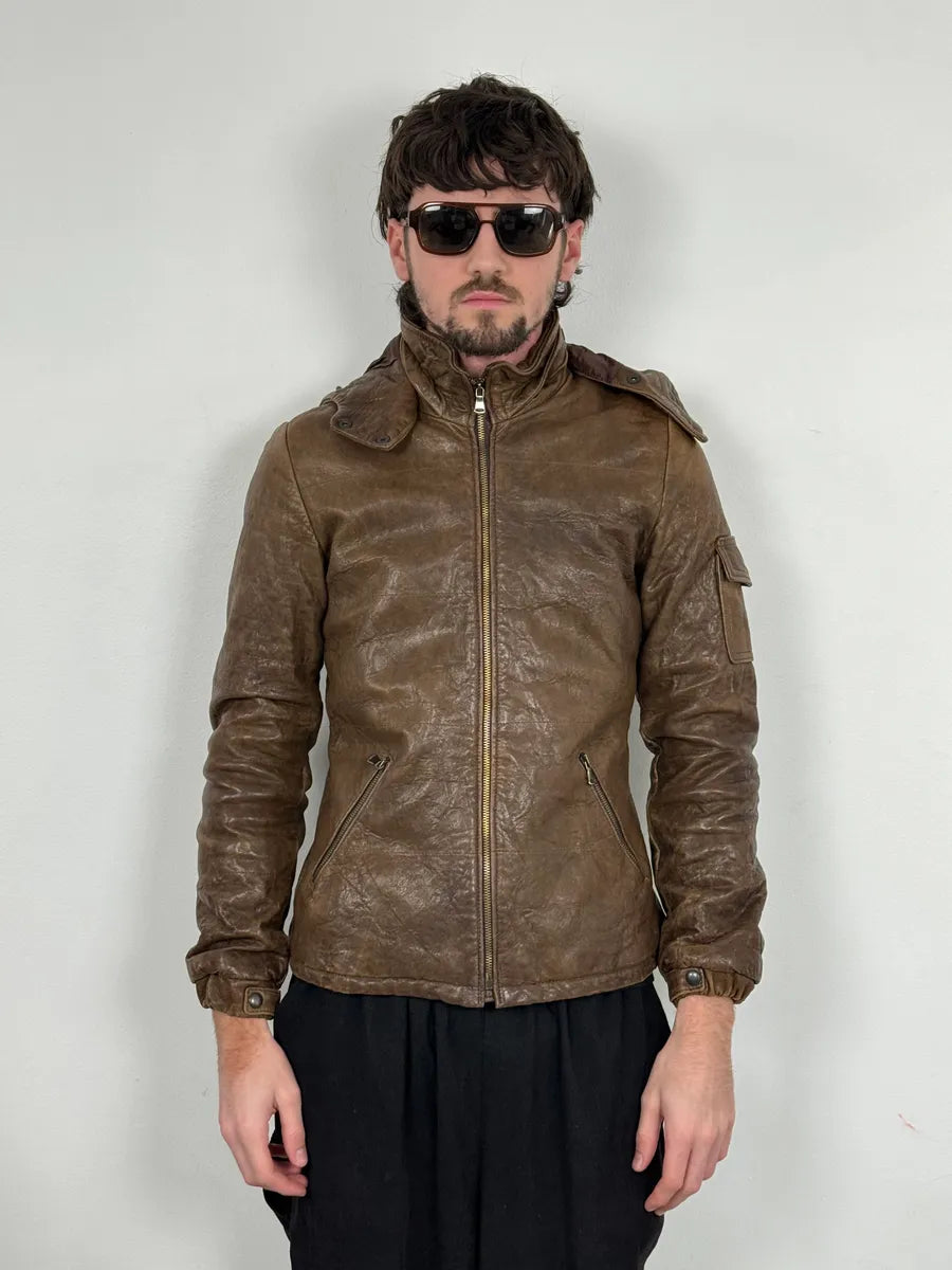 2000s Daniele Alessandrini Avant-Garde Raw Brown Leather Hooded Jacket HUGoqtw 1