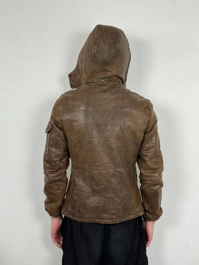 2000s Daniele Alessandrini Avant-Garde Raw Brown Leather Hooded Jacket HUGoqtw 2