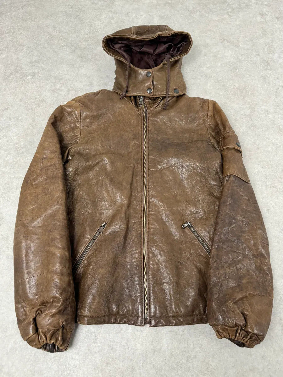 2000s Daniele Alessandrini Avant-Garde Raw Brown Leather Hooded Jacket HUGoqtw 3