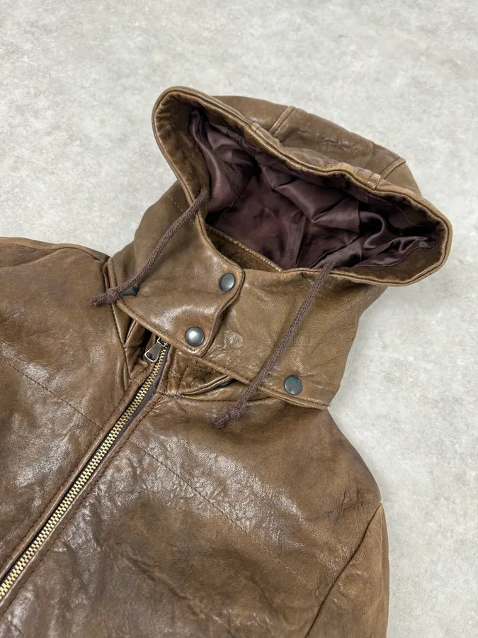 2000s Daniele Alessandrini Avant-Garde Raw Brown Leather Hooded Jacket HUGoqtw 4