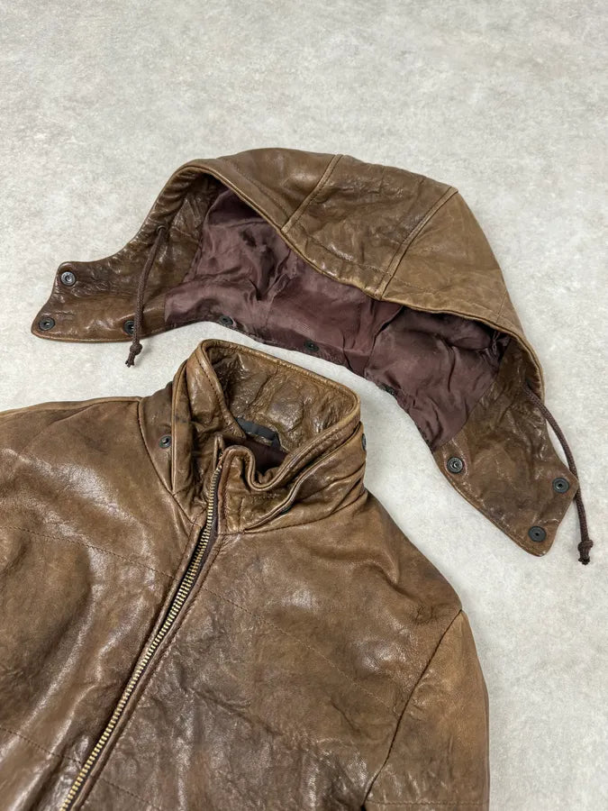 2000s Daniele Alessandrini Avant-Garde Raw Brown Leather Hooded Jacket HUGoqtw 5