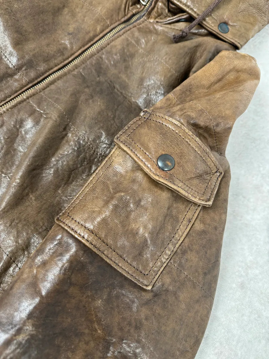 2000s Daniele Alessandrini Avant-Garde Raw Brown Leather Hooded Jacket HUGoqtw 7
