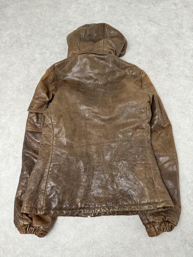 2000s Daniele Alessandrini Avant-Garde Raw Brown Leather Hooded Jacket HUGoqtw 8
