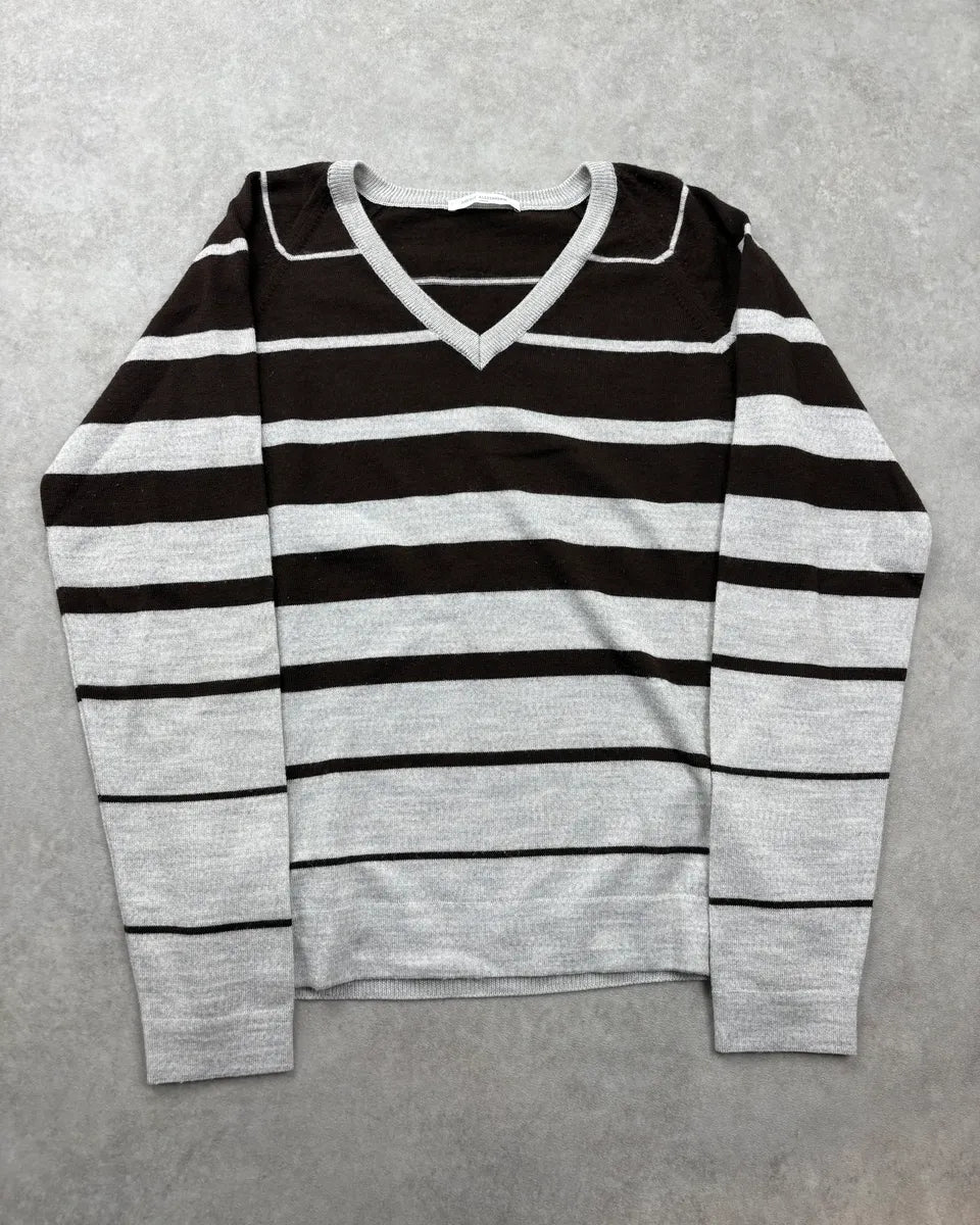 2000s Daniele Alessandrini Black & Grey Striped V-Neck Sweater ZPxDrgZ 0
