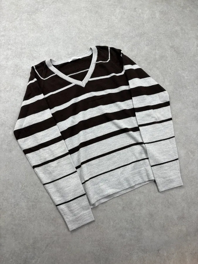 2000s Daniele Alessandrini Black & Grey Striped V-Neck Sweater ZPxDrgZ 3