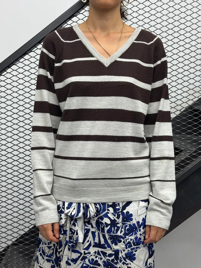 2000s Daniele Alessandrini Black & Grey Striped V-Neck Sweater ZPxDrgZ 1