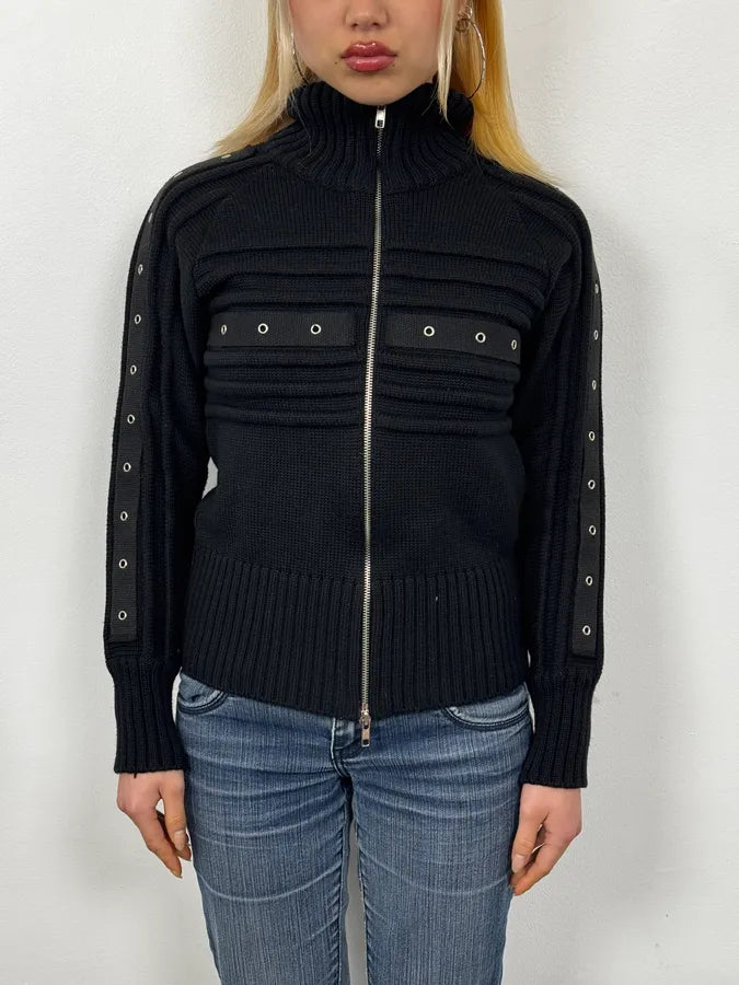 2000s Daniele Alessandrini Black Eyelet Zip Wool Sweater ufcVQjR 1