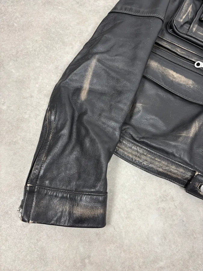 2000s Daniele Alessandrini Black Faded Leather Trucker Jacket kwgkPhd 7