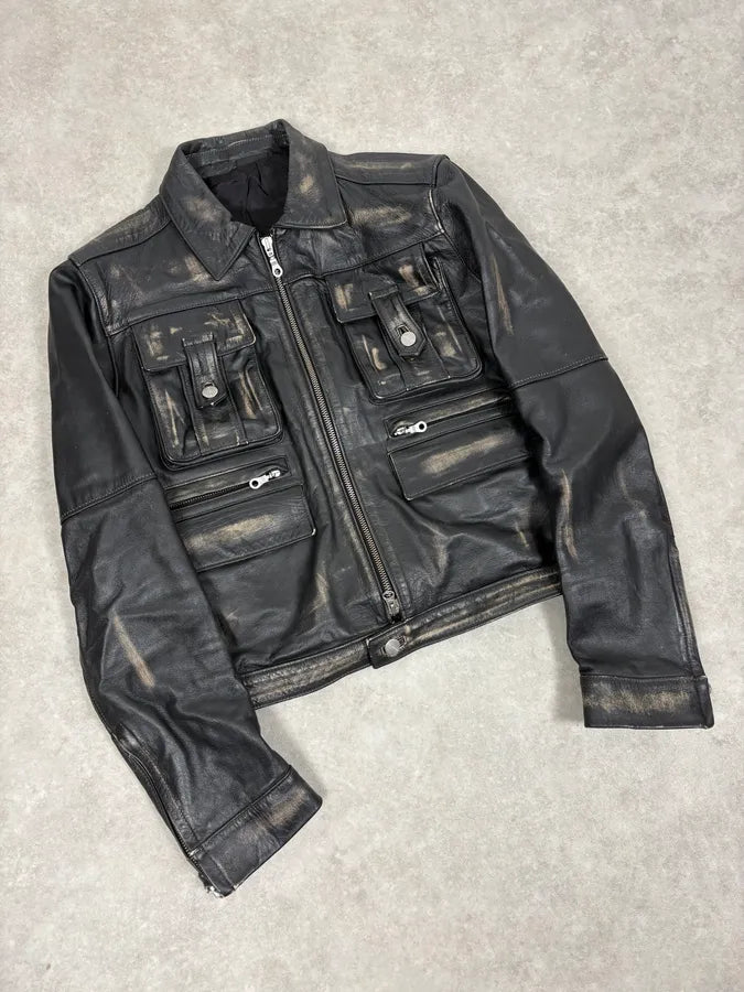 2000s Daniele Alessandrini Black Faded Leather Trucker Jacket kwgkPhd 3