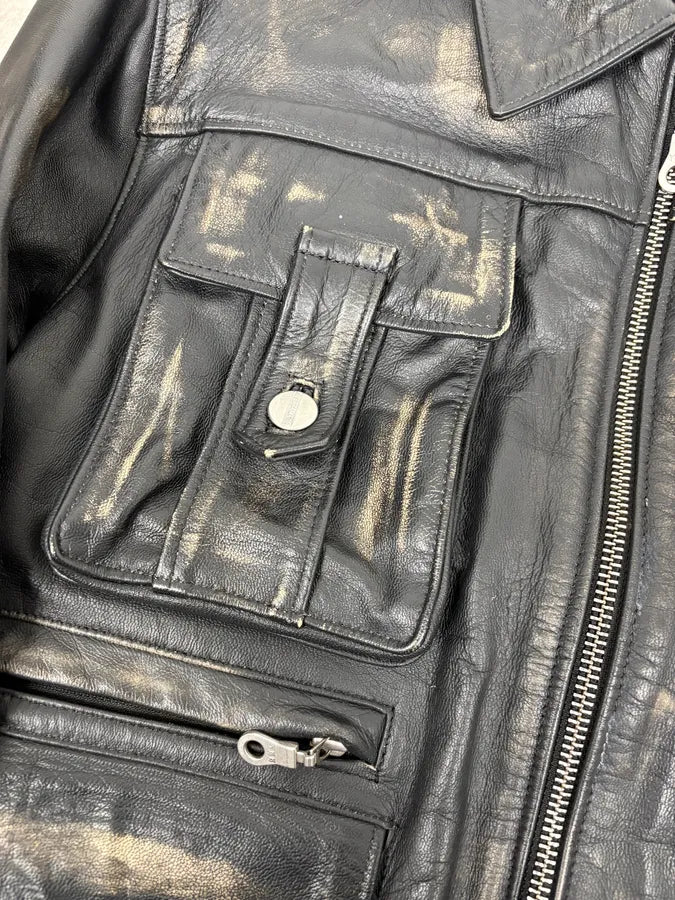 2000s Daniele Alessandrini Black Faded Leather Trucker Jacket kwgkPhd 8