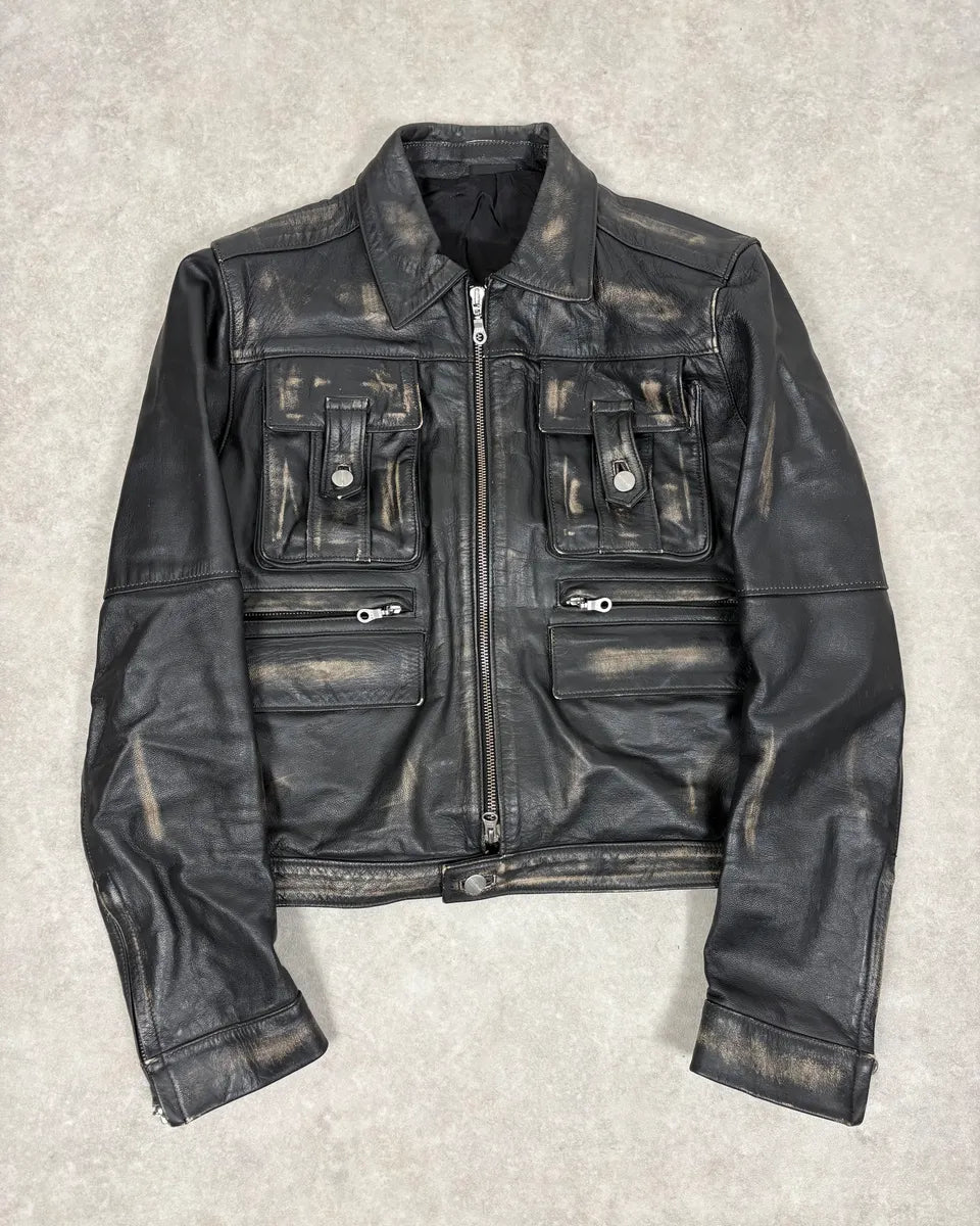 2000s Daniele Alessandrini Black Faded Leather Trucker Jacket kwgkPhd 0