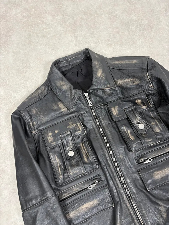 2000s Daniele Alessandrini Black Faded Leather Trucker Jacket kwgkPhd 4