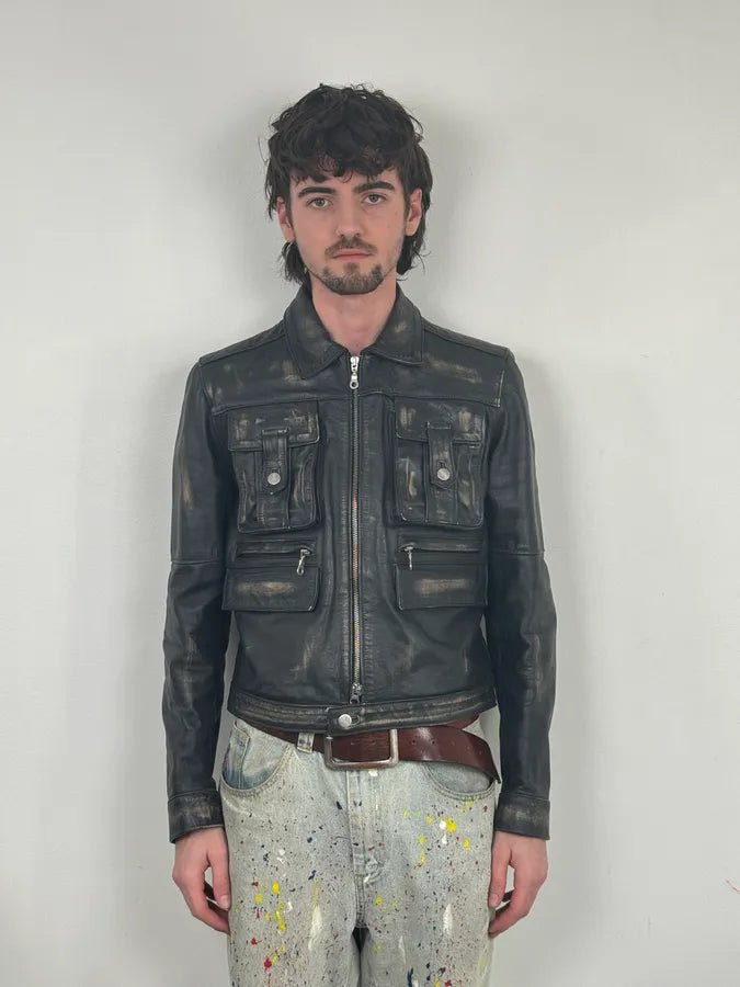 2000s Daniele Alessandrini Black Faded Leather Trucker Jacket kwgkPhd 1