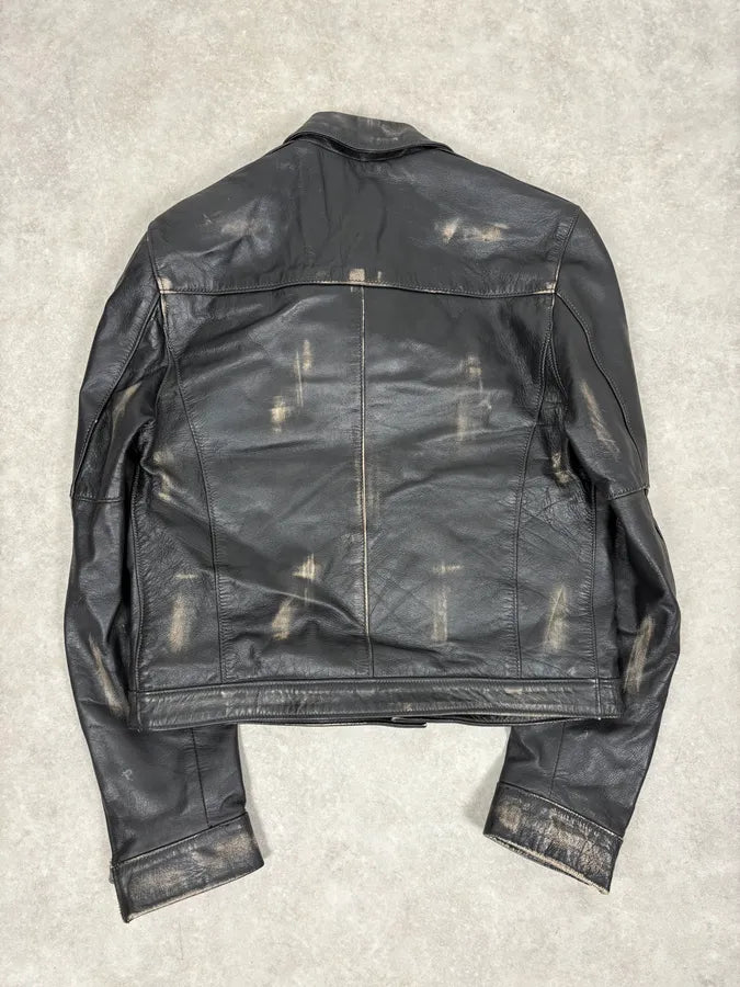 2000s Daniele Alessandrini Black Faded Leather Trucker Jacket kwgkPhd 5