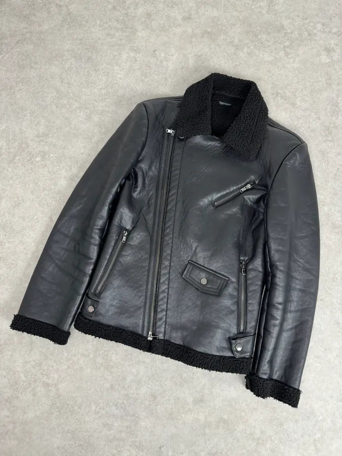 2000s Daniele Alessandrini Black Leather Shearling Jacket EStztKy 4