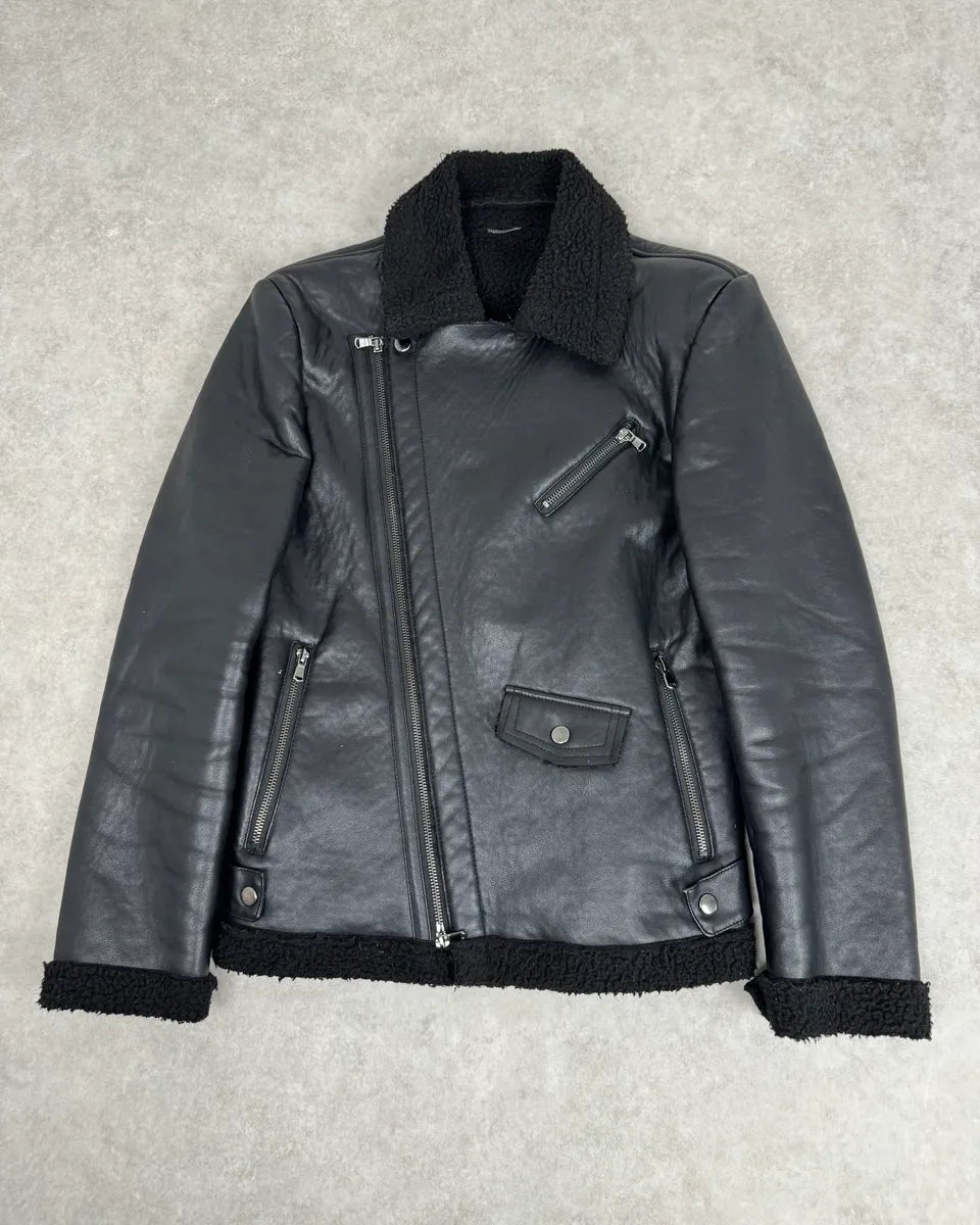 2000s Daniele Alessandrini Black Leather Shearling Jacket EStztKy 1
