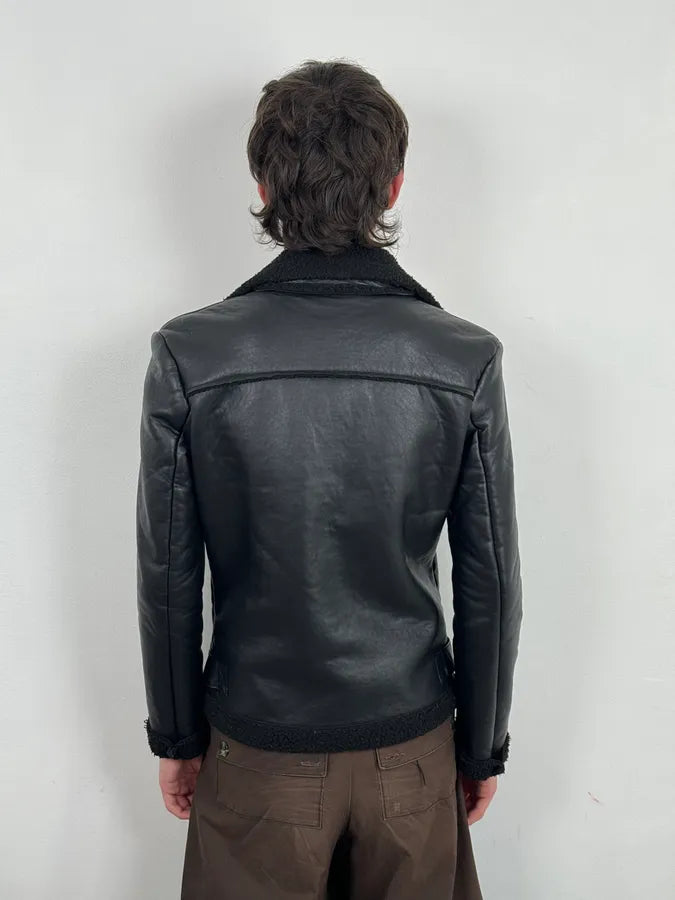 2000s Daniele Alessandrini Black Leather Shearling Jacket EStztKy 2