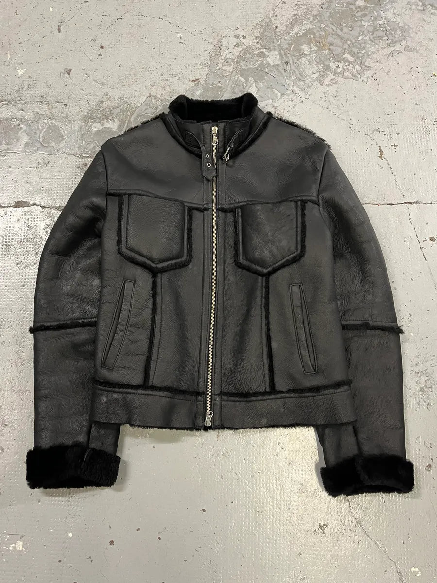 2000s Daniele Alessandrini Black Shearling Leather Jacket rvEUHAV 3