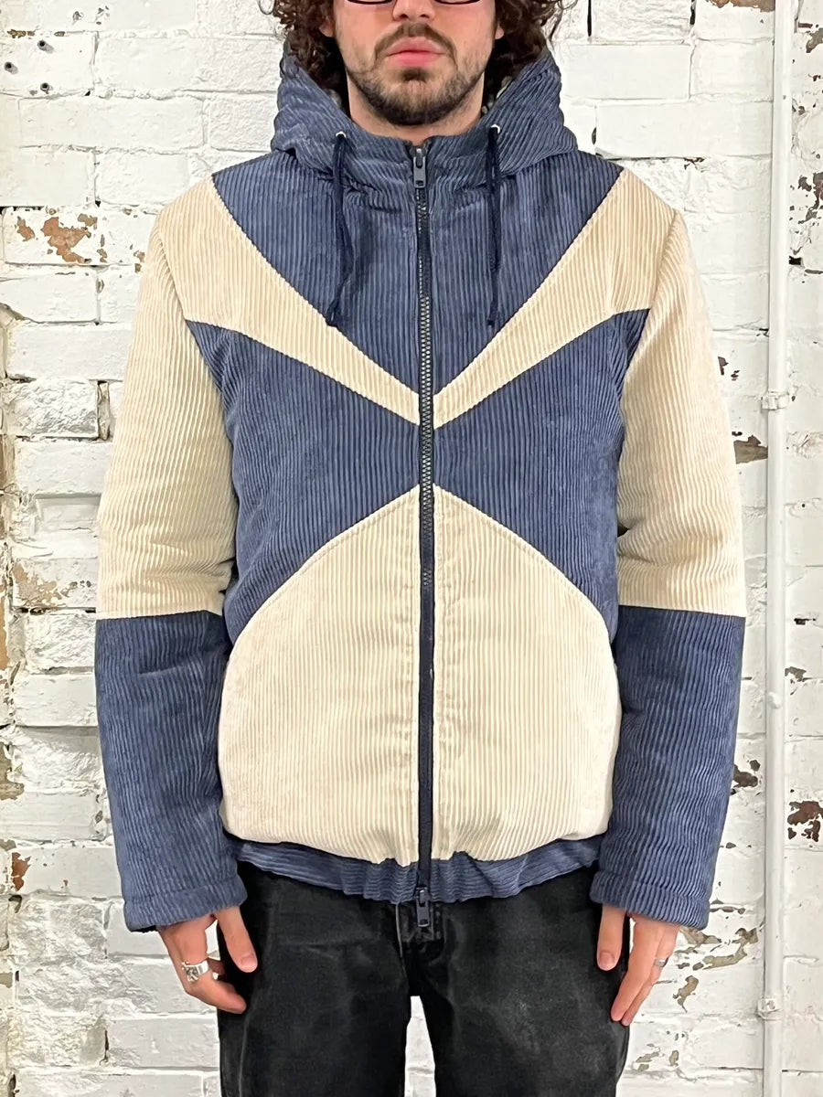 2000s Daniele Alessandrini Blue & Cream Velvet Hooded Jacket TUaJhJI 0