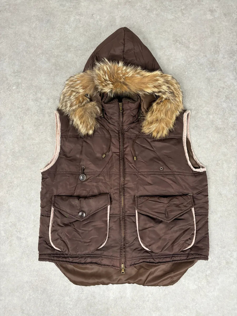 2000s Daniele Alessandrini Brown Fur Hodded Puffer Vest wSwjscd 0