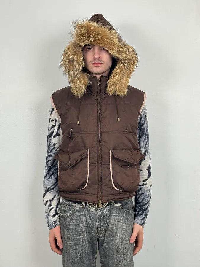 2000s Daniele Alessandrini Brown Fur Hodded Puffer Vest wSwjscd 1