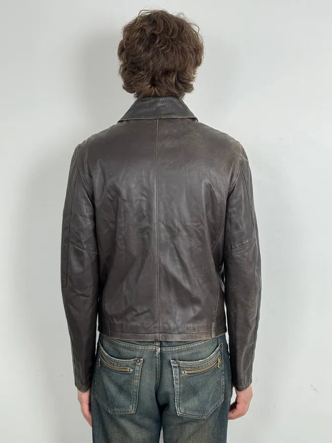 2000s Daniele Alessandrini Cropped Brown Leather Jacket flsrFLA 2