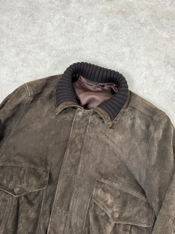 2000s Daniele Alessandrini Brown Suede Leather Bomber Jacket VrcpXWv 4