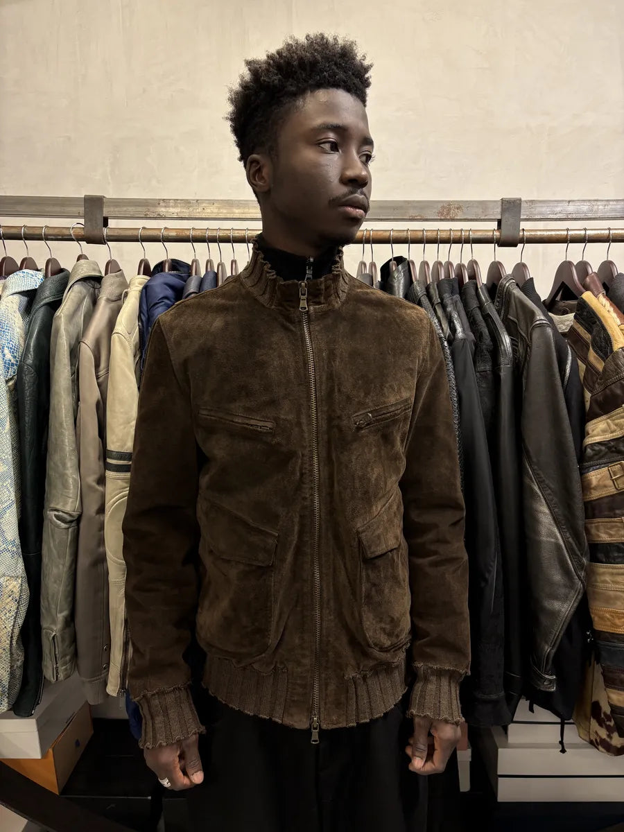 2000s Daniele Alessandrini Brown Suede Leather Distressed Bomber Jacket gzceINj 1