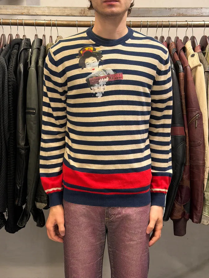 2000s Daniele Alessandrini Beige & Navy Chinese Striped Sweater EVwYKce 0