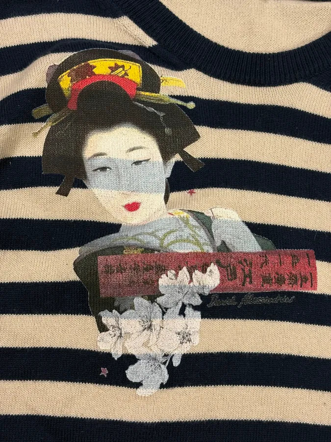 2000s Daniele Alessandrini Beige & Navy Chinese Striped Sweater EVwYKce 7