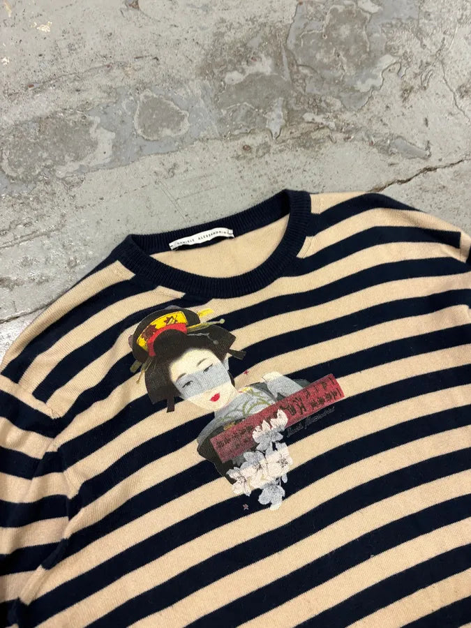 2000s Daniele Alessandrini Beige & Navy Chinese Striped Sweater EVwYKce 4