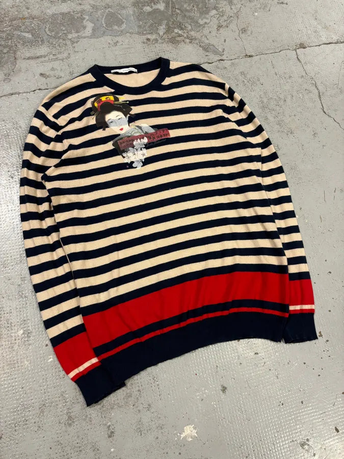 2000s Daniele Alessandrini Beige & Navy Chinese Striped Sweater EVwYKce 3