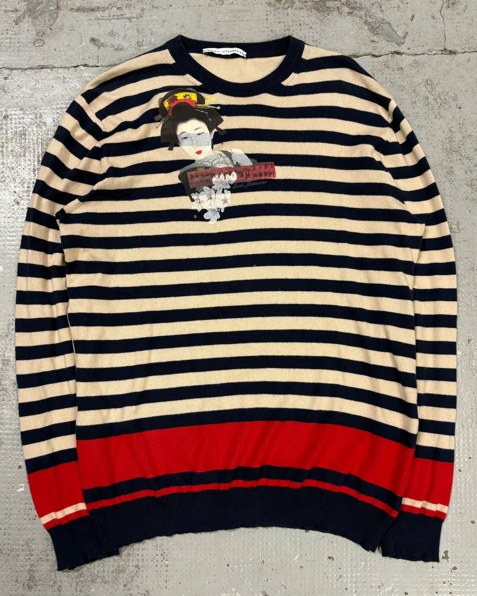 2000s Daniele Alessandrini Beige & Navy Chinese Striped Sweater EVwYKce 2