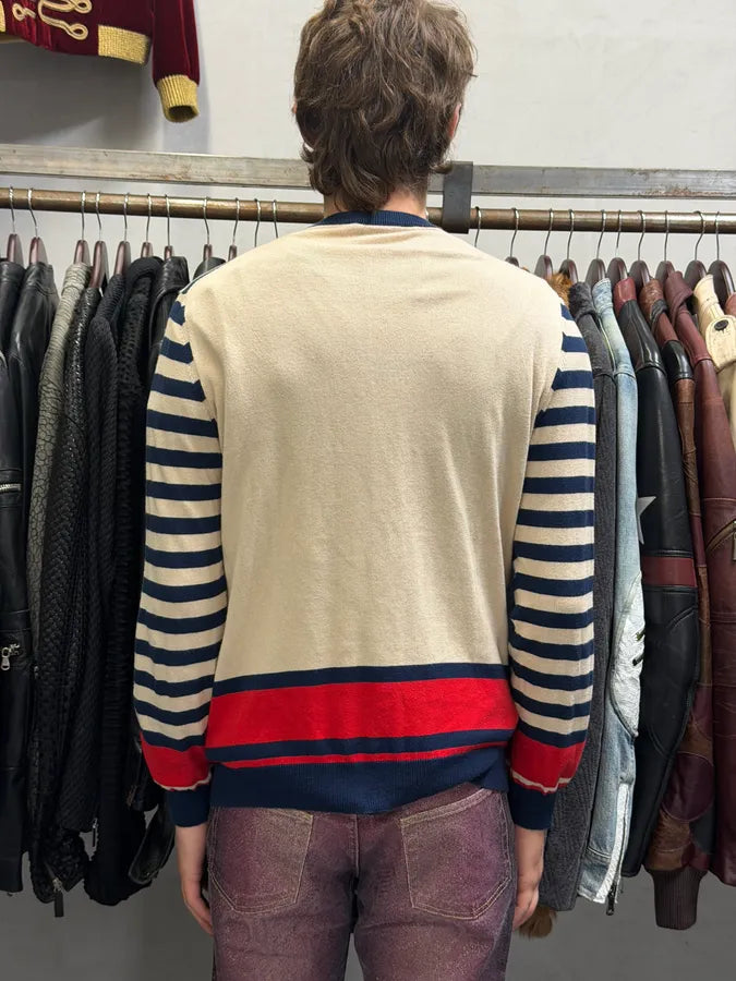 2000s Daniele Alessandrini Beige & Navy Chinese Striped Sweater EVwYKce 1