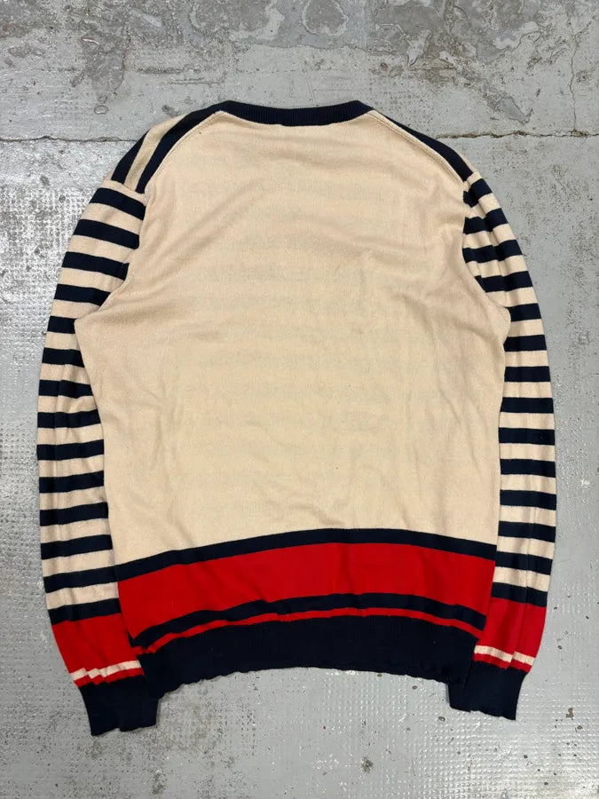 2000s Daniele Alessandrini Beige & Navy Chinese Striped Sweater EVwYKce 5