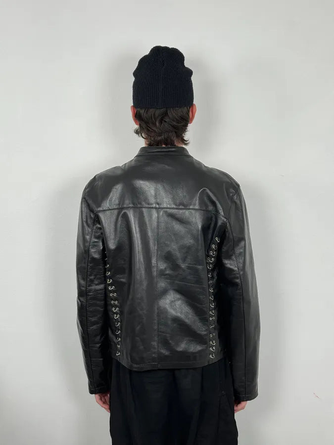 2000s Daniele Alessandrini Metal Hook Pure Black Leather Jacket mPOurDx 2