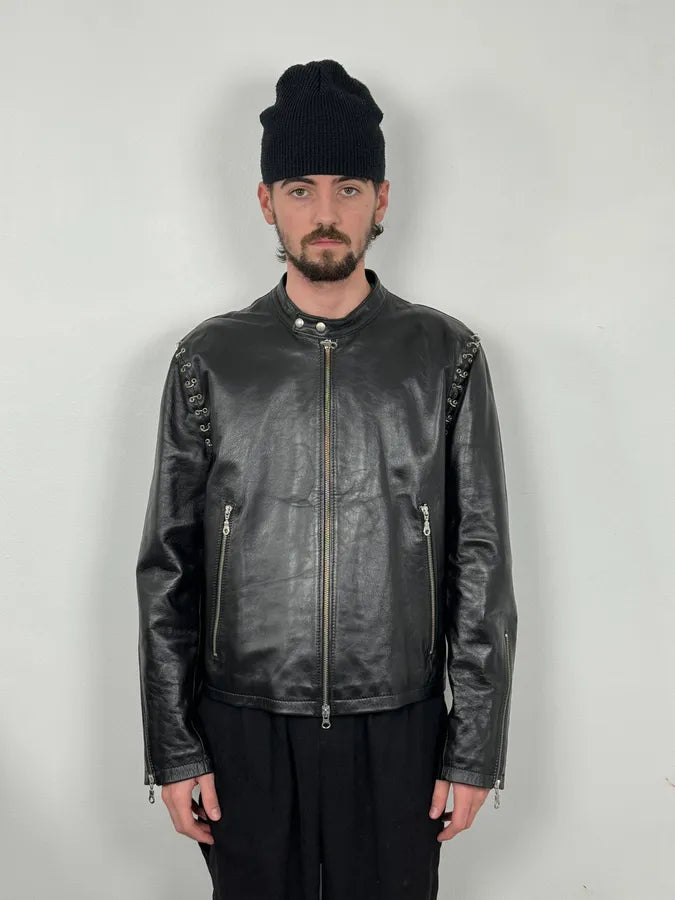 2000s Daniele Alessandrini Metal Hook Pure Black Leather Jacket mPOurDx 0
