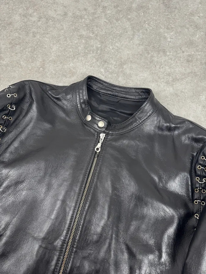 2000s Daniele Alessandrini Metal Hook Pure Black Leather Jacket mPOurDx 4