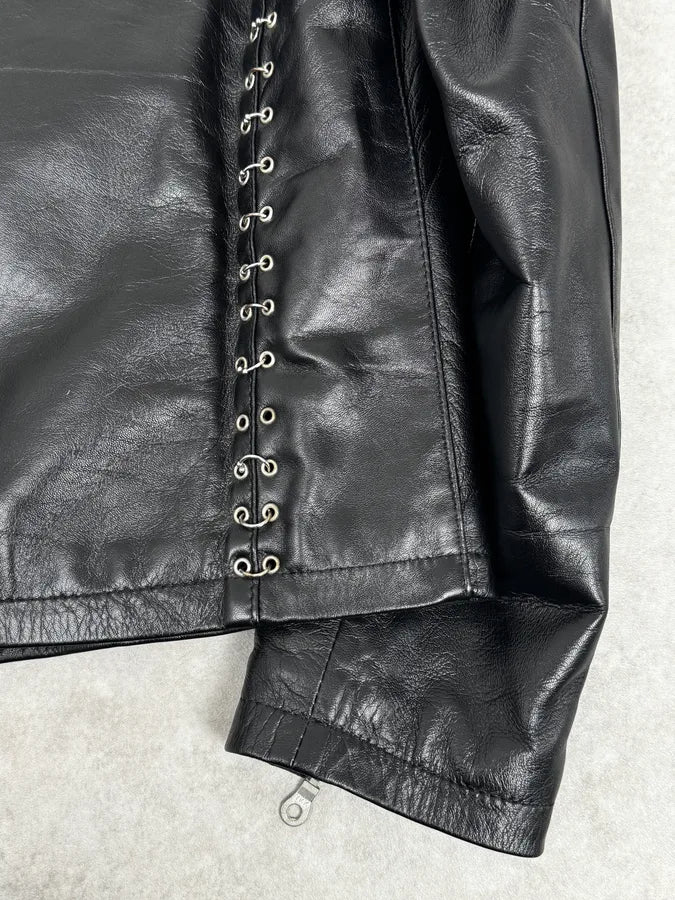 2000s Daniele Alessandrini Metal Hook Pure Black Leather Jacket mPOurDx 8
