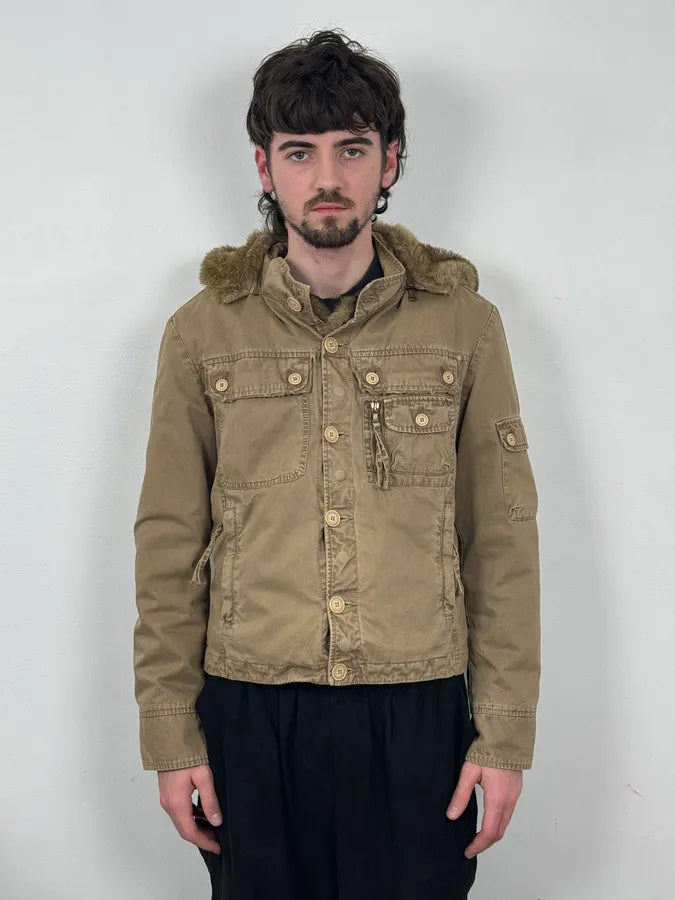 2000s Daniele Alessandrini Military Beige Fur Hooded Jacket  XiJsxTu 0