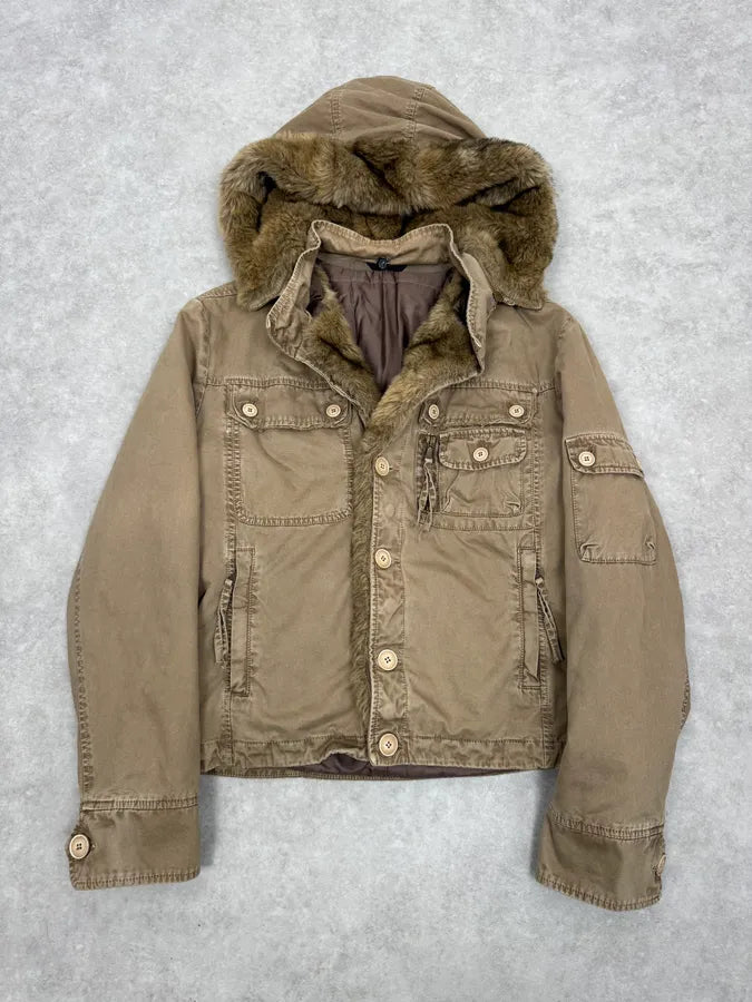 2000s Daniele Alessandrini Military Beige Fur Hooded Jacket  XiJsxTu 1