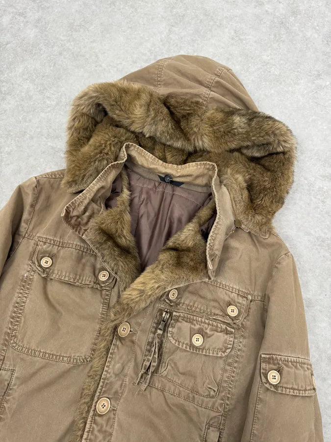 2000s Daniele Alessandrini Military Beige Fur Hooded Jacket  XiJsxTu 2