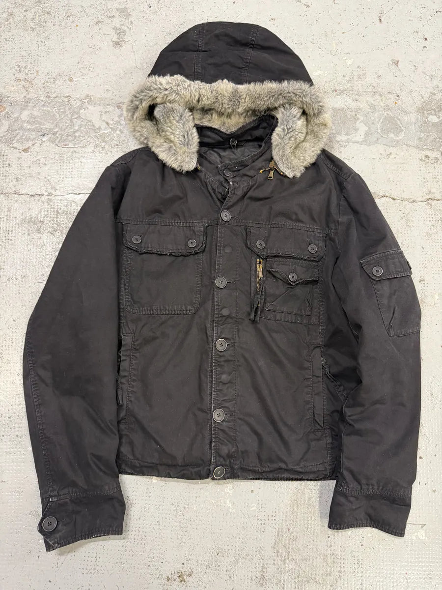 2000s Daniele Alessandrini Military Black Multi Pockets Faux Fur Jacket CoeerAz 0