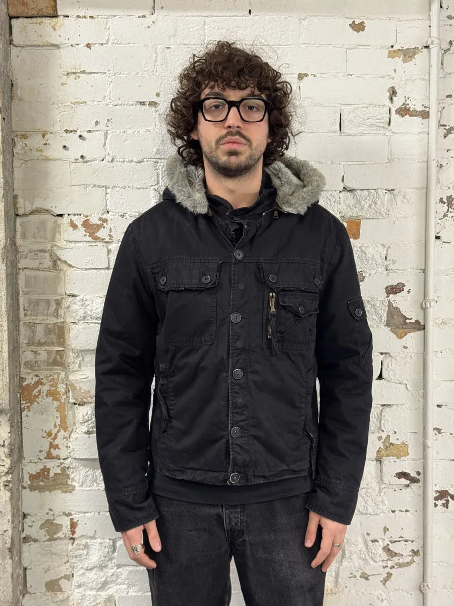 2000s Daniele Alessandrini Military Black Multi Pockets Faux Fur Jacket CoeerAz 1