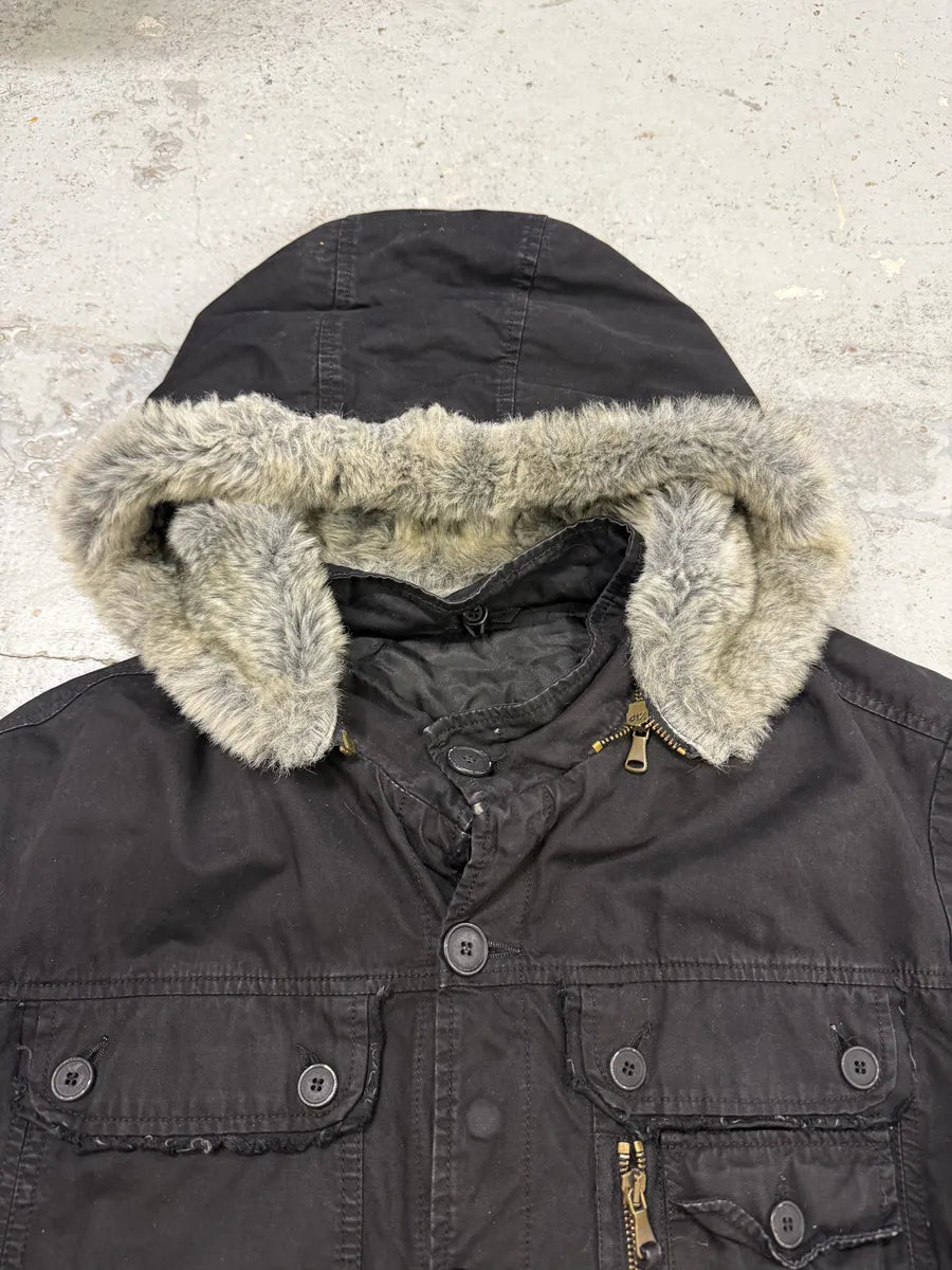 2000s Daniele Alessandrini Military Black Multi Pockets Faux Fur Jacket CoeerAz 5